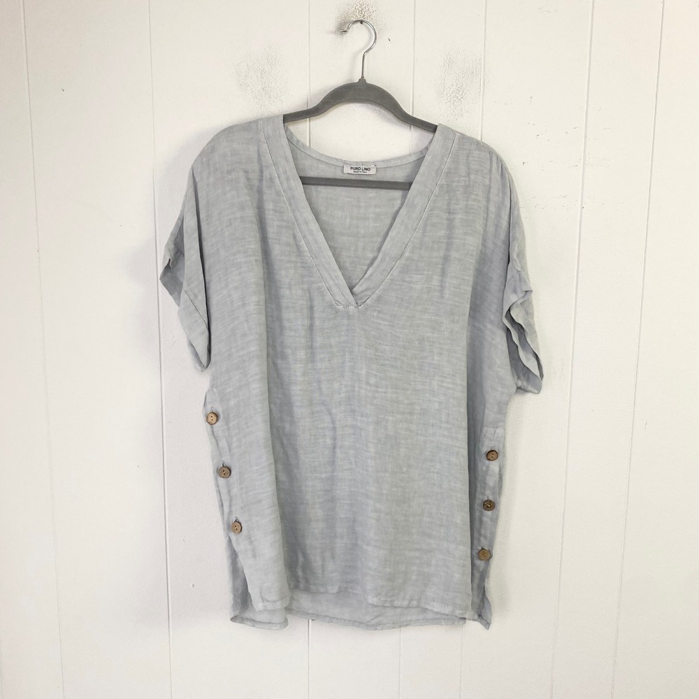 Puro Lino Italy 100% Linen V-Neck Side Button Tunic Top Light Blue Gray Sz L-XL*